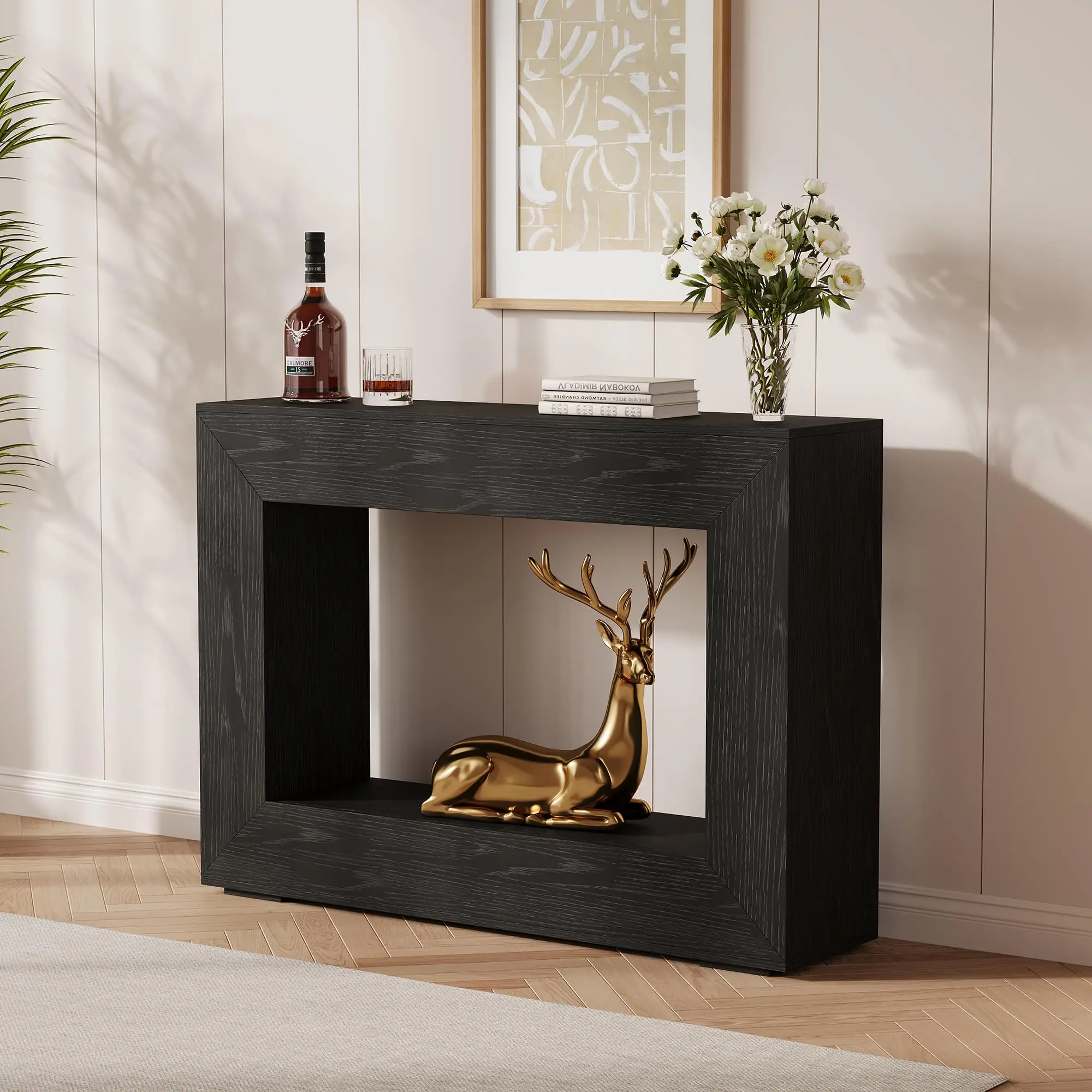Garvee and Garvee 47-inch Farmhouse Console Tables - Rustic Minimalist Wooden Entryway and Sofa Tables with Open Shelves for Living Room, Hallway, and Entrance in Brown and Natural Colors