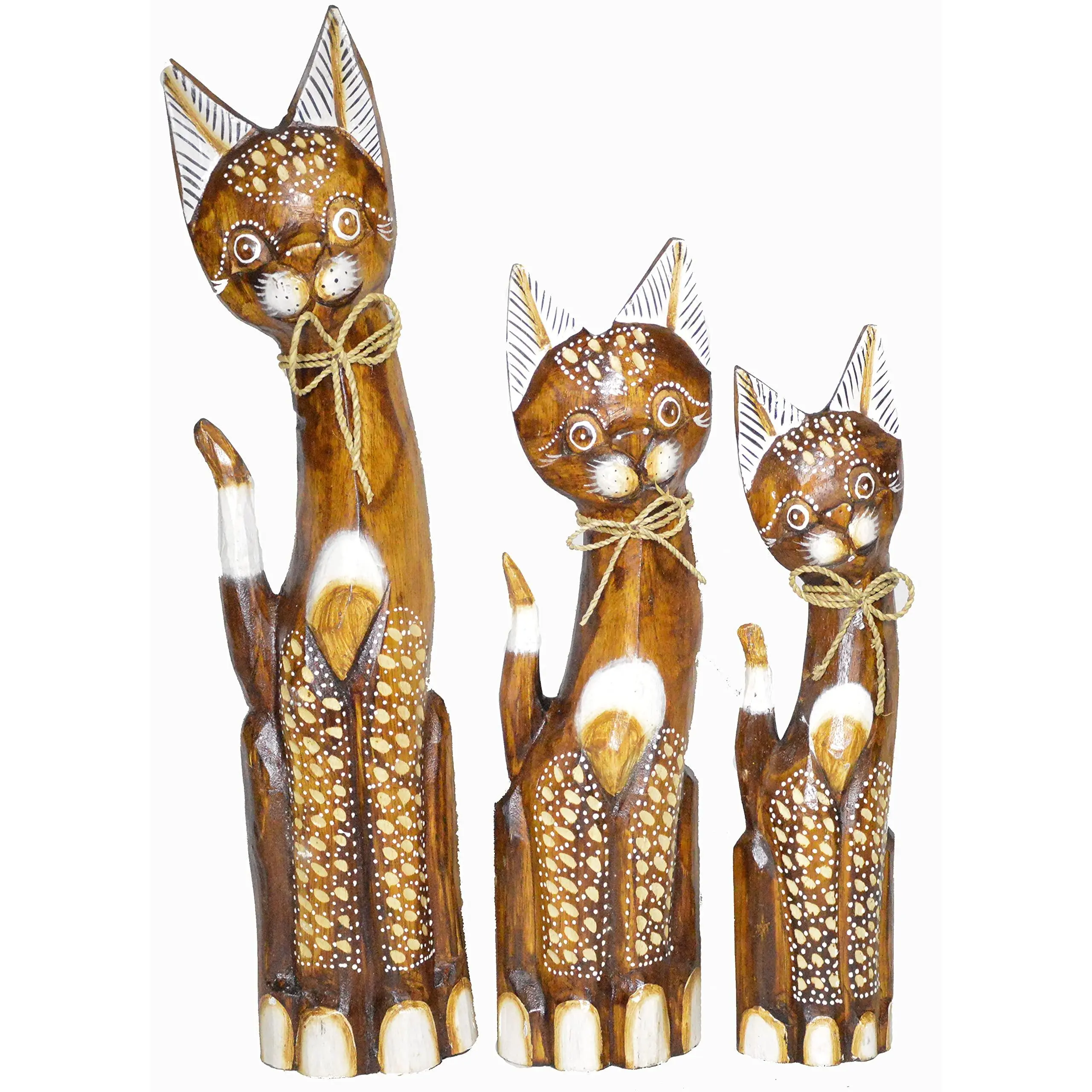 WorldBazzar Large Hand Carved Beautiful Set of 3 Wood Brown Cats 20, 16, 14 Pet Lover Find Tabby Siamese Persian American Ragdoll, Blue, Red, Brown, Green, Yellow, White, Pink, Black