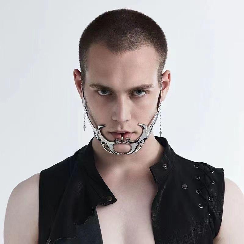 Cyberpunk Metal Face Mask Futuristic Fluid Mechanical Design Adjustable Earring Lip Ring Unisex Techwear Face Jewelry