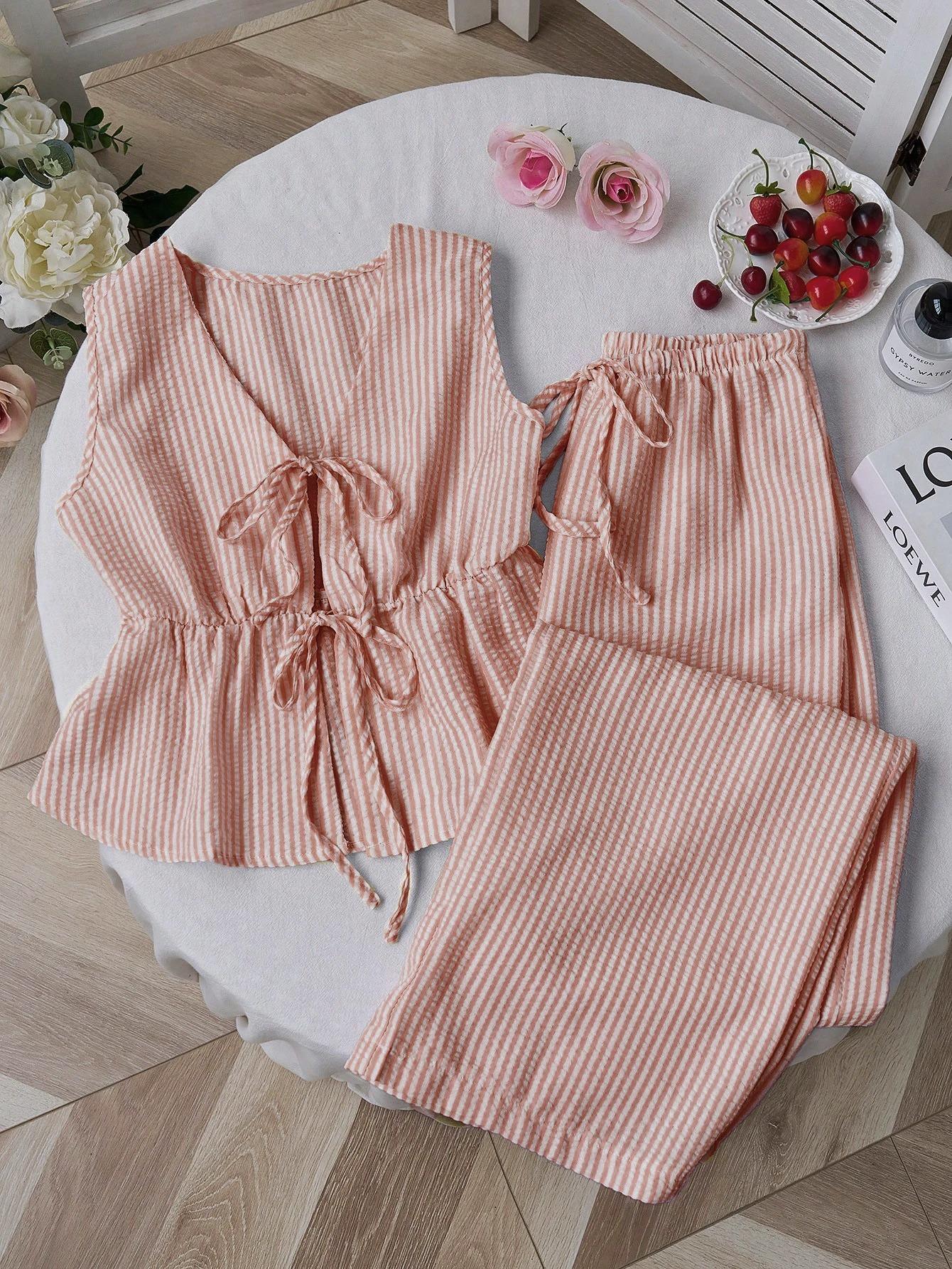 Women's 2 Piece Striped Lounge Set with Pockets Sleeveless Tie Front V Neck Wide Leg Pants Soft Summer Casual Pajamas Loungewear