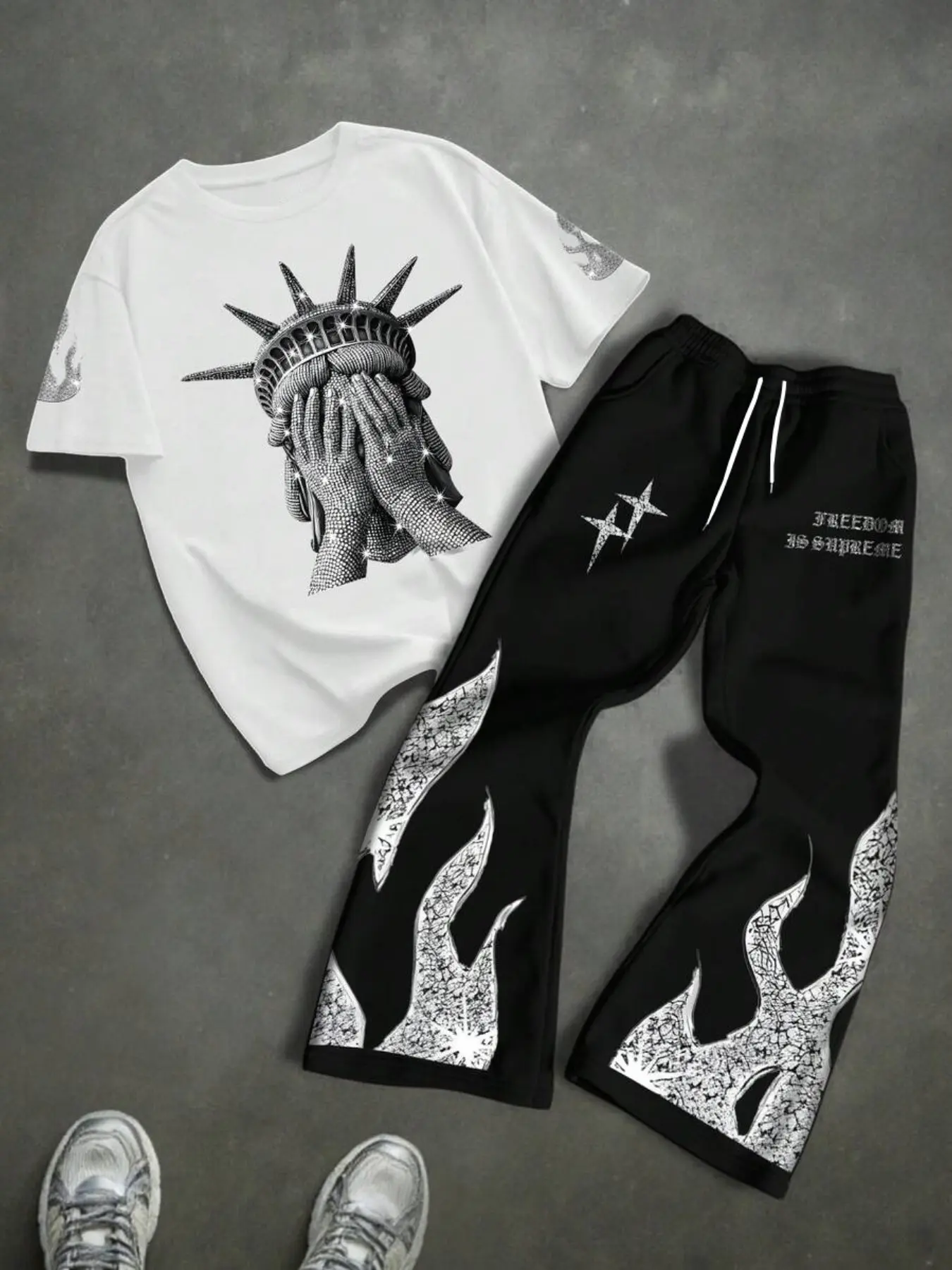 Men's All-Season Sporty Two-Piece Set, Short Sleeves Set, 3D Print Short Sleeve T-Shirt & Flame Print Drawstring Pants, Casual Outdoor Fashion, Athleisure Sportswear Set, Athleisure Activewear Set