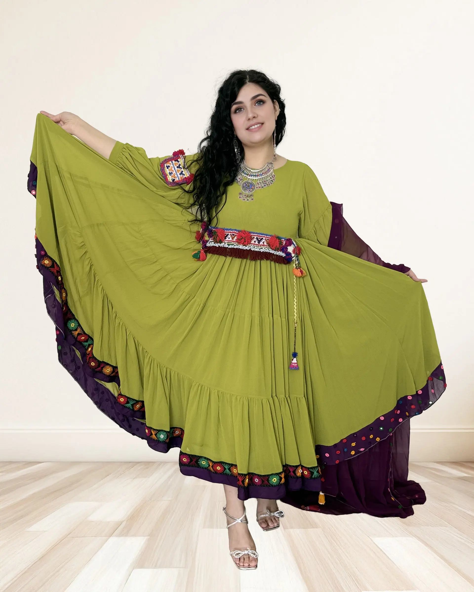 Women's Modest Afghan Kuchi Fashion Casual Dress - Lightweight Soft Fabric, Embroidered Detailing, Flared Silhouette, Sleeves, Tassel Accents, Button Closure, Matching Styling Option, Everyday Wear