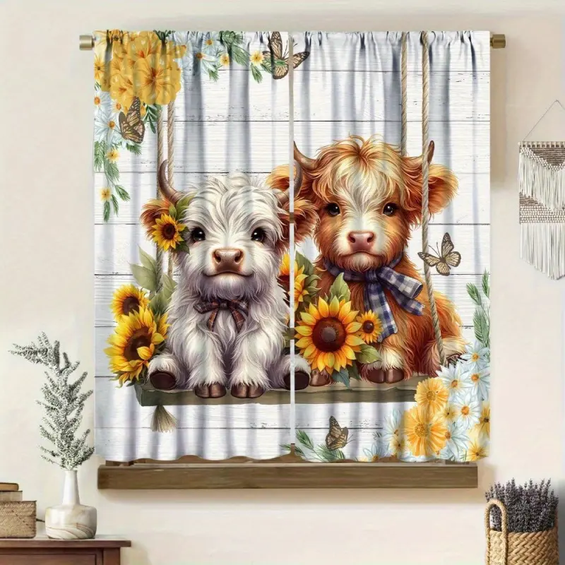 2pcs The Cute Highland Cow Kitchen Semi-blackout Curtain Features A Bohemian Sunflower Pattern Design. Short Curtain with A Pole Pocket Design Is Suitable for Decorating Small Windows, Coffee Shops,Kitchens and Bathrooms Foldable living room