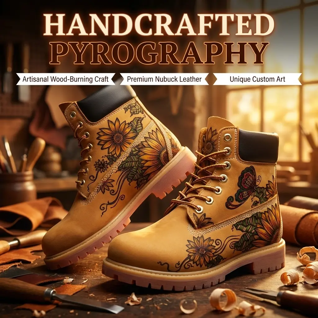 Men's Nubuck Leather Ankle Work Boots - Unisex Handcrafted Custom Art Footwear with Hand-Pyrographed Sunflower Floral Pattern, Closed-Toe Outdoor Walking Shoe