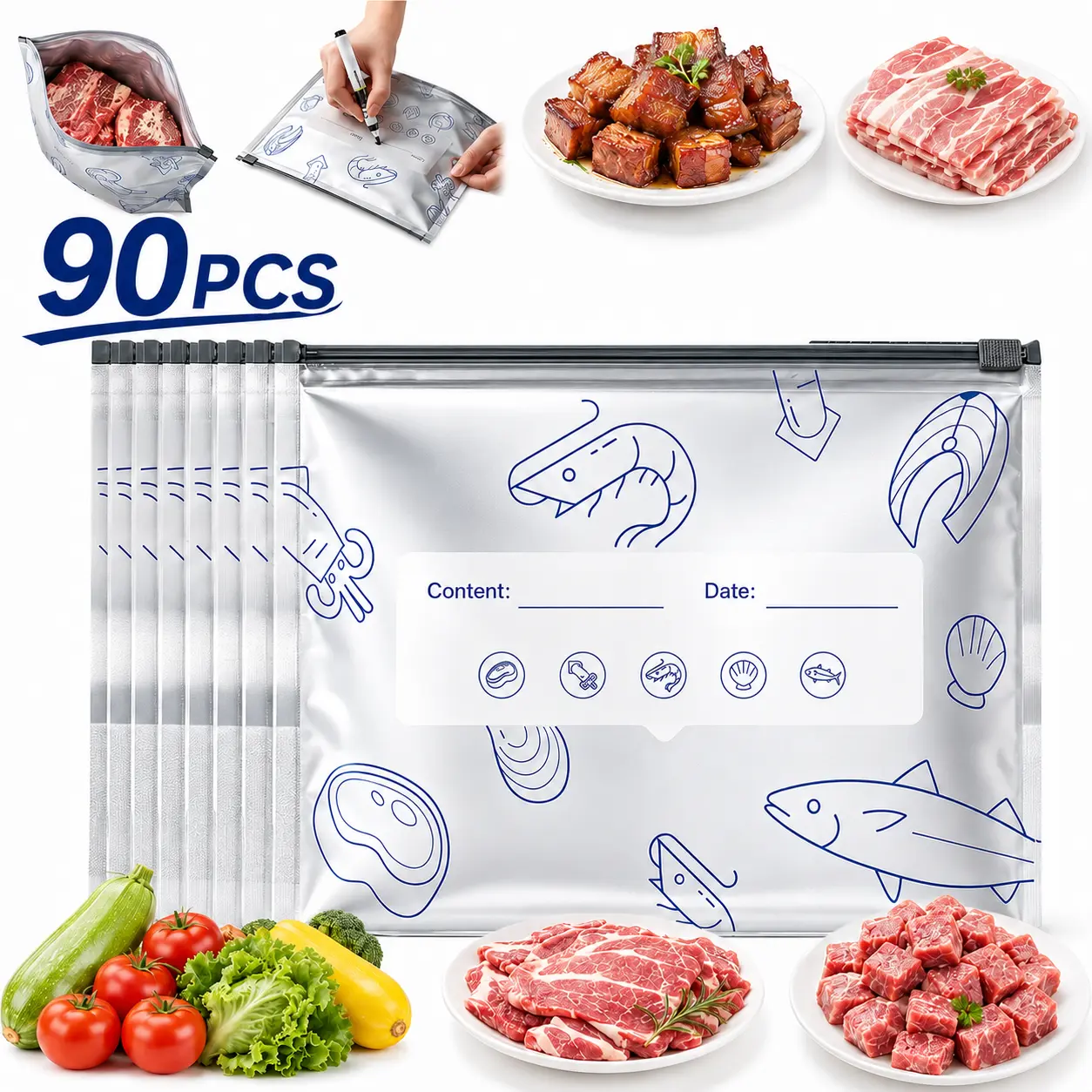 【TikTokShopBlackFriday】New reusable upgraded thickened upright aluminum foil sealing storage bags, with labels and zipper locks, suitable for washable kitchen items like vegetables, fruits, and meat, perfect for Thanksgiving, Christmas, and New Year gifts