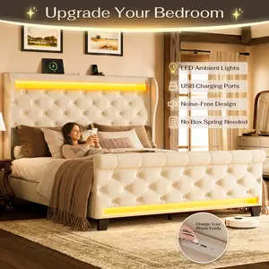 [SummerWins]Belffin Queen Size Bed Frame with Headboard,50" Tall Headboard Upholstered Velvet Platform Bed with LED Lights & 2 USB Port/1 Type C Port, Button Tufted,No Box Spring Needed, Noise Free,Beige
