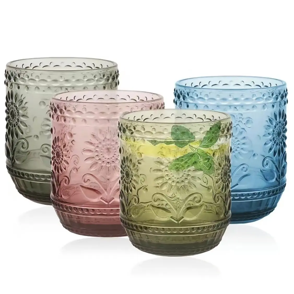 1/2 Pcs 12oz Vintage Sunflower Pattern Glasses, Stylish Glass Cups, Durable Glass Cup, Retro Clear Embossed Juice Wine Drinking Glasses, Aesthetic Reusable Drinkware for Home Kitchen Dinner Party, Perfect Gift for Women Friends Family