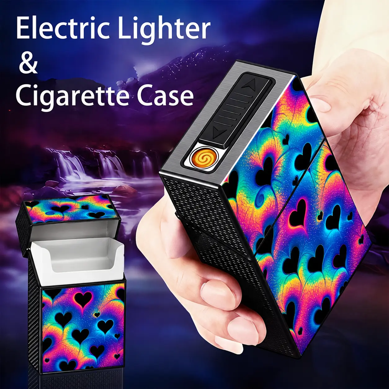 USB Rechargeable 20-Slot Storage Case with Built-In Electronic Ignition, Colorful Gradient Design with Various-Sized Black Heart Patterns, Dazzling Dreamy Finish, Fits Items 84–84.86 mm Long Aluminum Alloy Windproof Lighter
