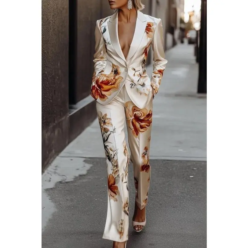Women's Floral Satin Suit Set - Chic Long Sleeve Tailored Blazer and Pants in Polyester Fabric for Everyday Style, Nylon, Matching, Fit