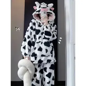 Women's Cute Cow Plush Pajama Set, Thickened Fabric, Long Sleeve Hoodie with Pockets Loungewear Pants Winter Nightwear
