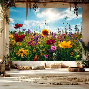 1PC Reusable Polyester 2D Flat Pastoral Wall Tapestry - Colorful Wildflowers (Including Sunflowers), Sunny Blue Sky Background, Birthday Party Decor, Indoor-Outdoor Door Curtain (Home & Festive Party Supplies, Wall Tapestries), Sunflower