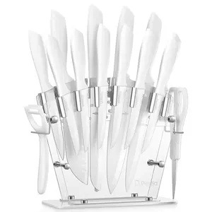 D.Perlla Knife Set Ceramic 16 Pieces White Kitchen Knife Set with Acrylic Stand, High Carbon Stainless Steel, Non Stick Coated Knife Block Set, No Rust, Non Slip Handle, Sharp Knife