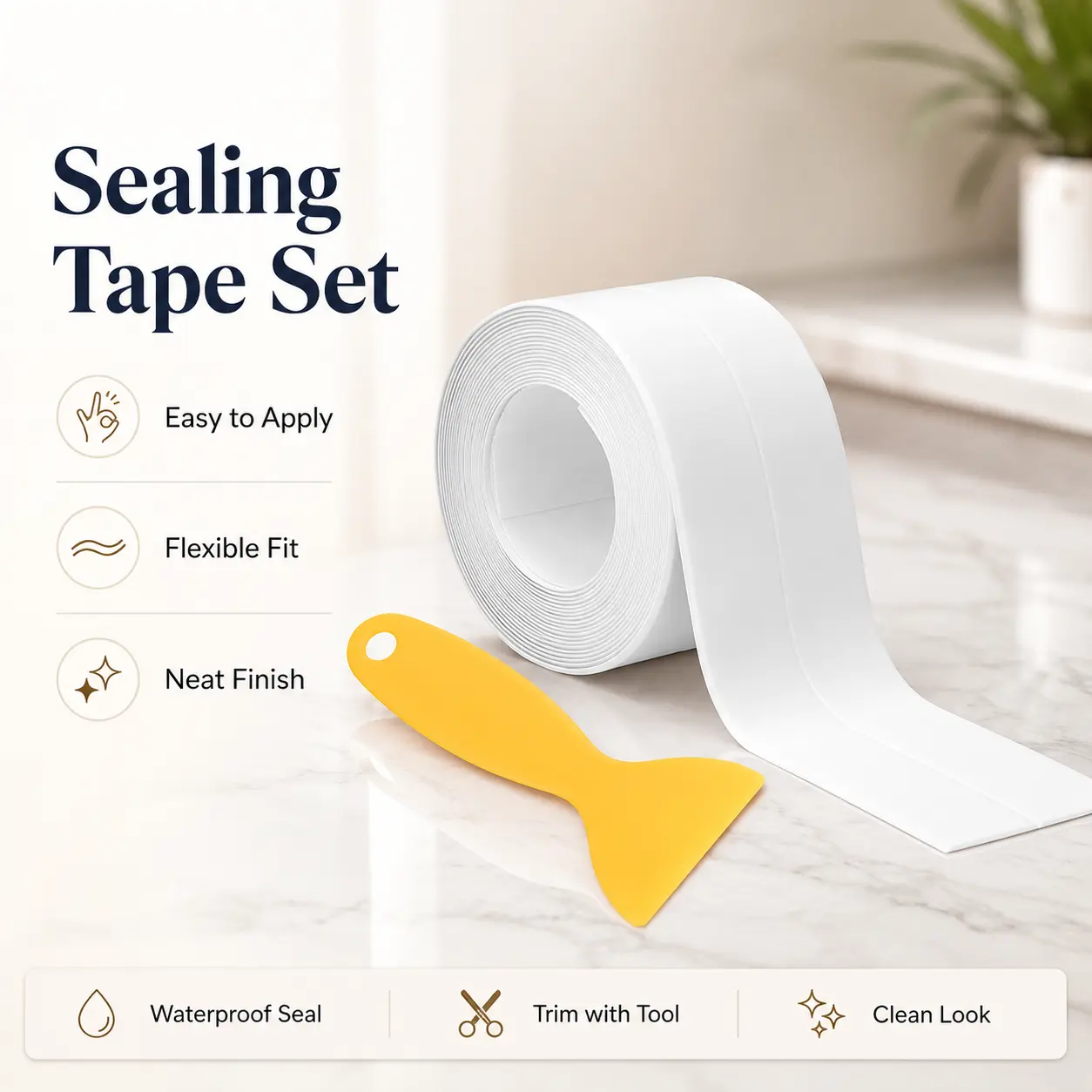 Invisible Waterproof Self-Adhesive Sealant Caulk Tape Kit - 2 Rolls with Application Tool for Sink, Bathtub, Kitchen Gaps, Leakproof Airtight Seals
