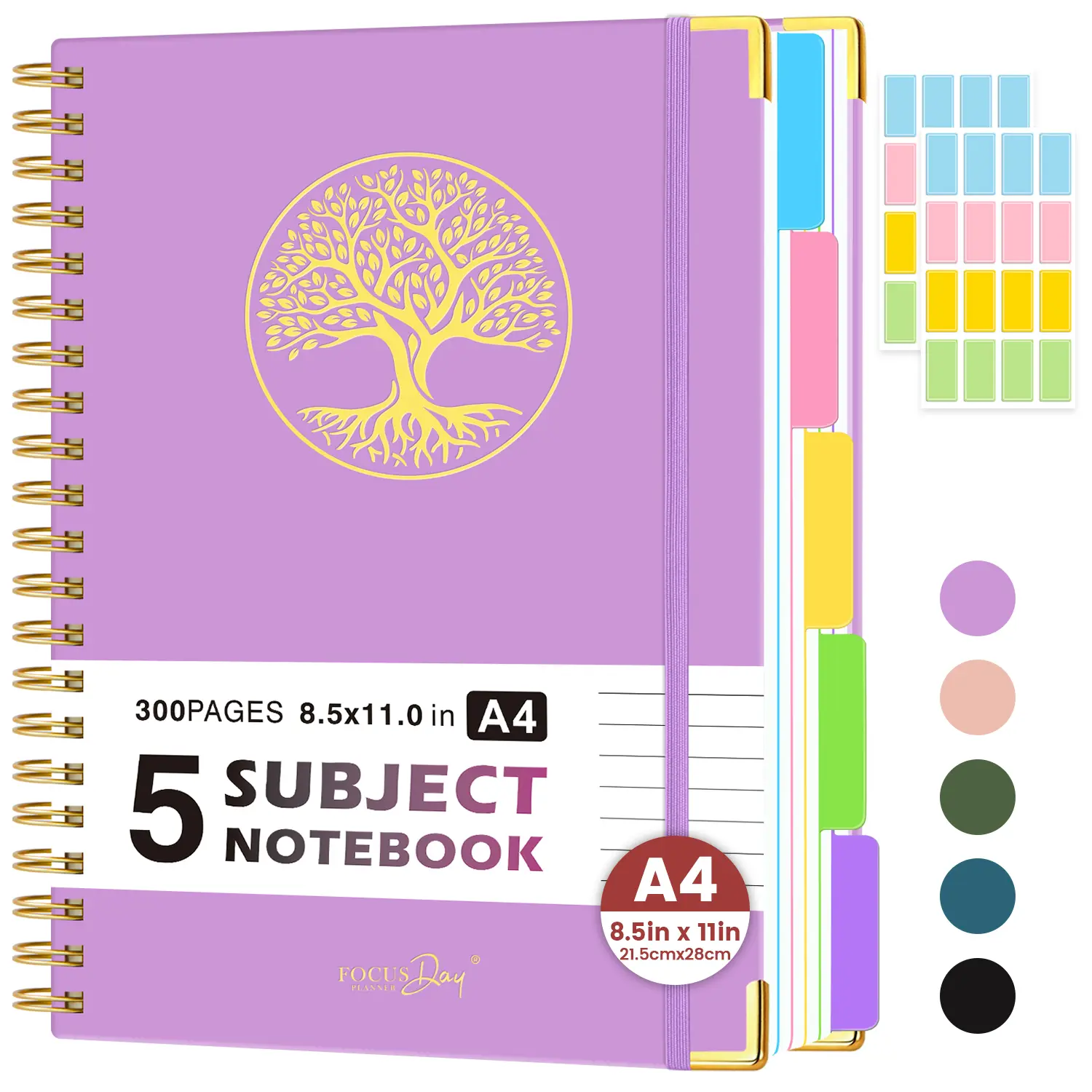 FOCUS DAY A4 Spiral Notebook - 5 Subject Sections, College-Ruled, 300 Pages 100GSM Paper, Removable Dividers Tabs, Inner Pocket, 21.5x28cm Large Notebook for Work, School