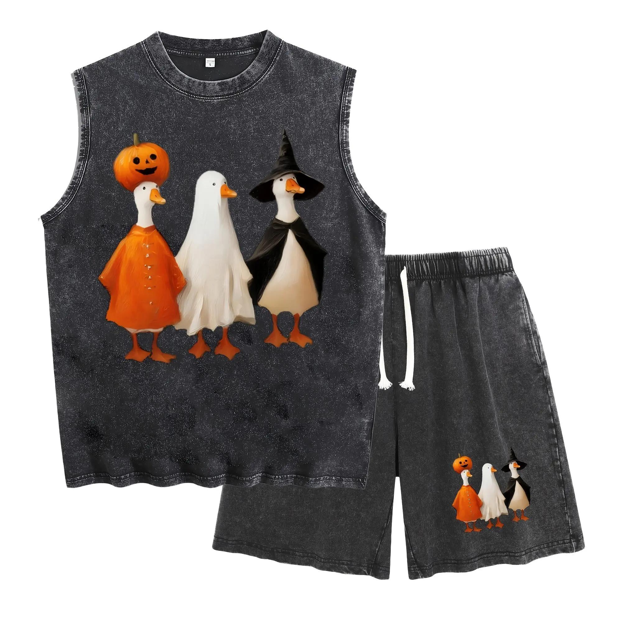 Retro Washed Sleeveless Tank & Shorts Matching Tracksuit Men Trio Halloween Ducks Pumpkin Ghost Witch Costume Graphic Loose‑Fit 2‑Piece Set Soft Vintage Wash Funny Fall Street Outfit
