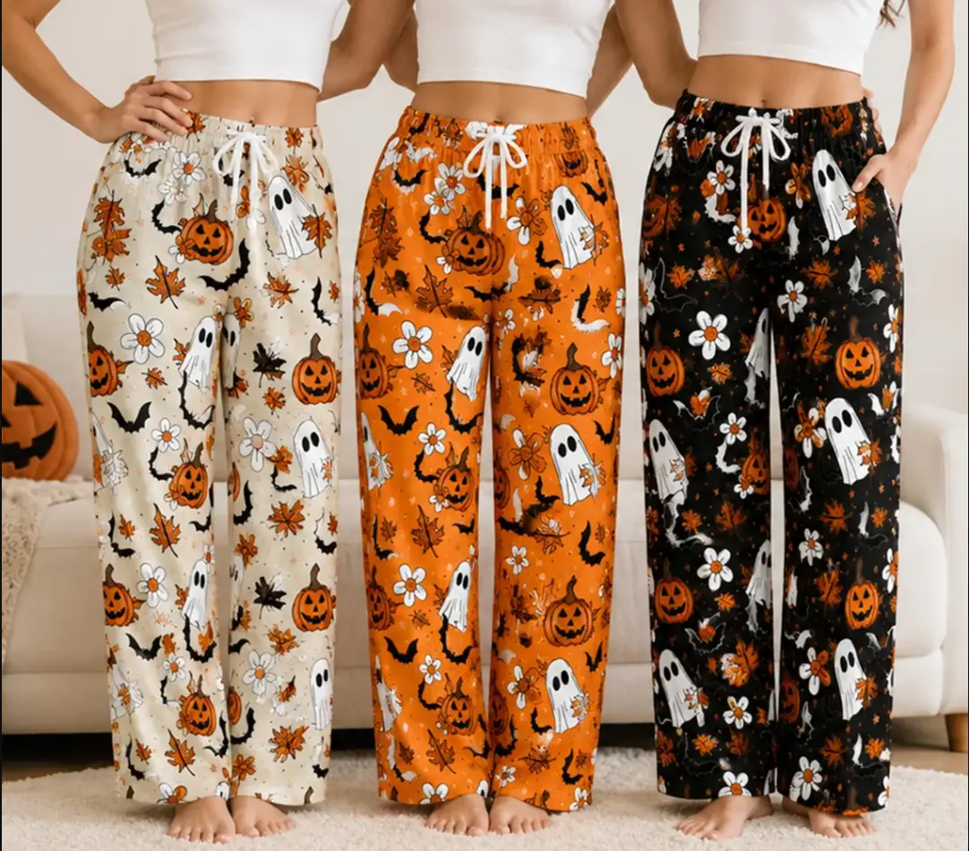 Ghost Pumpkin Halloween Pajama Pants, Women's Wide Leg Pajama Pants, Cute Spooky Lounge Pants, Fall Sleepwear, Halloween Gift for Her