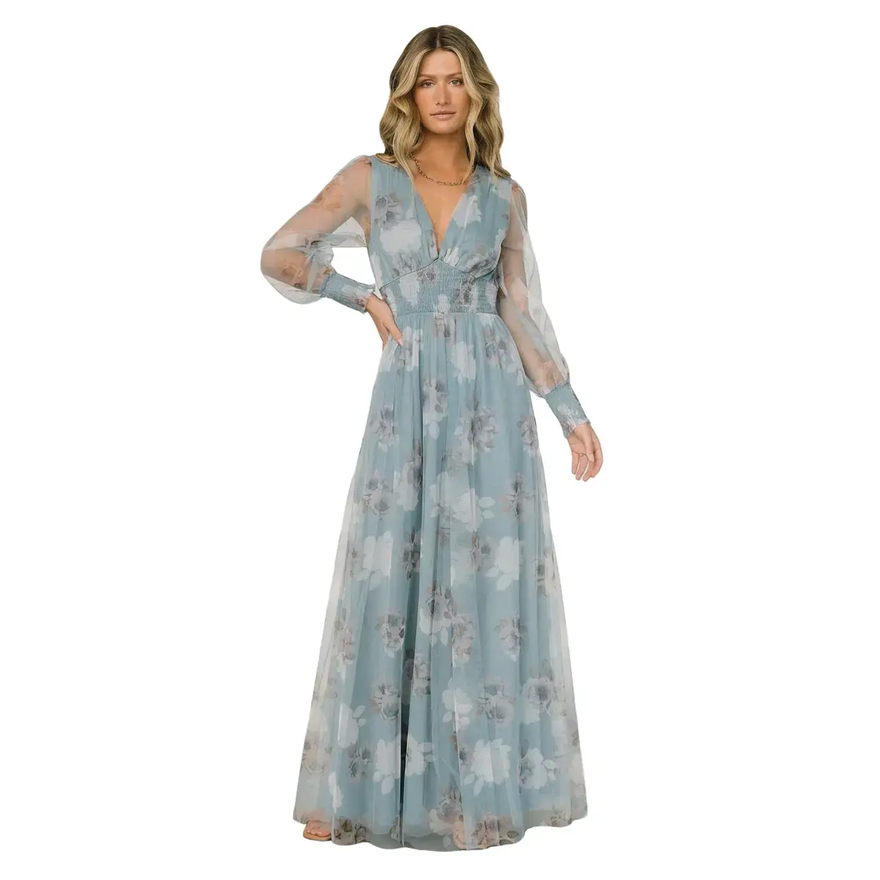 Women's Layla Tulle Maxi Dress, Light Blue Floral, Deep V-Neck, Bump-Ready Cut, Pull-On Fit, Raw Hem Edge, Smocked Cuff, Casual Style, Tulle Polyester