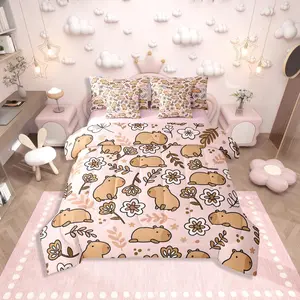 Cartoon Capybara Bed in A Bag for Home,Cute Animals Comforter Set,Branches 7 Pcs Bedding Set