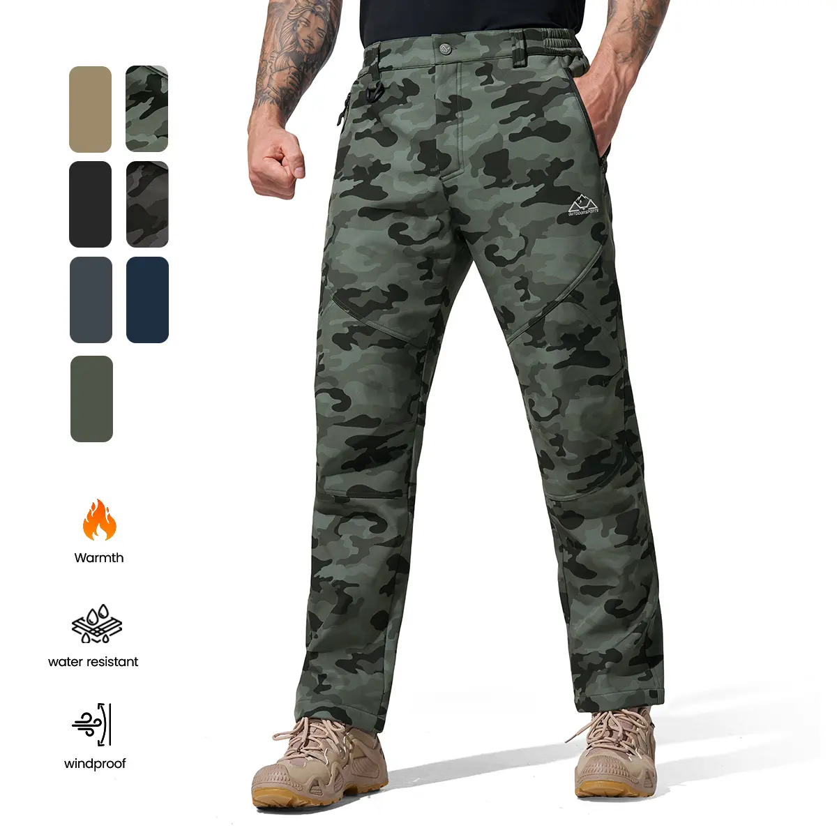 GOPUNE Men's Winter Casual Outdoor Pants Thermal Lined Water Resistant Snow Ski Work Camouflage Pants Reinforced Knee Hiking Tatical Pants with Multi Zipper Pockets Mens Trousers, for Work Ski Camping Ice Fishing Size 【30-46】