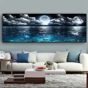1pc Canvas poster, Canvas Prints, modern art, Modern Abstract Design, modern abstract ocean and night moon landscape, frameless oil painting, ideal gift for bedroom, decorative mural, Decorative Artwork, wall decoration, autumn decoration, wall decoration