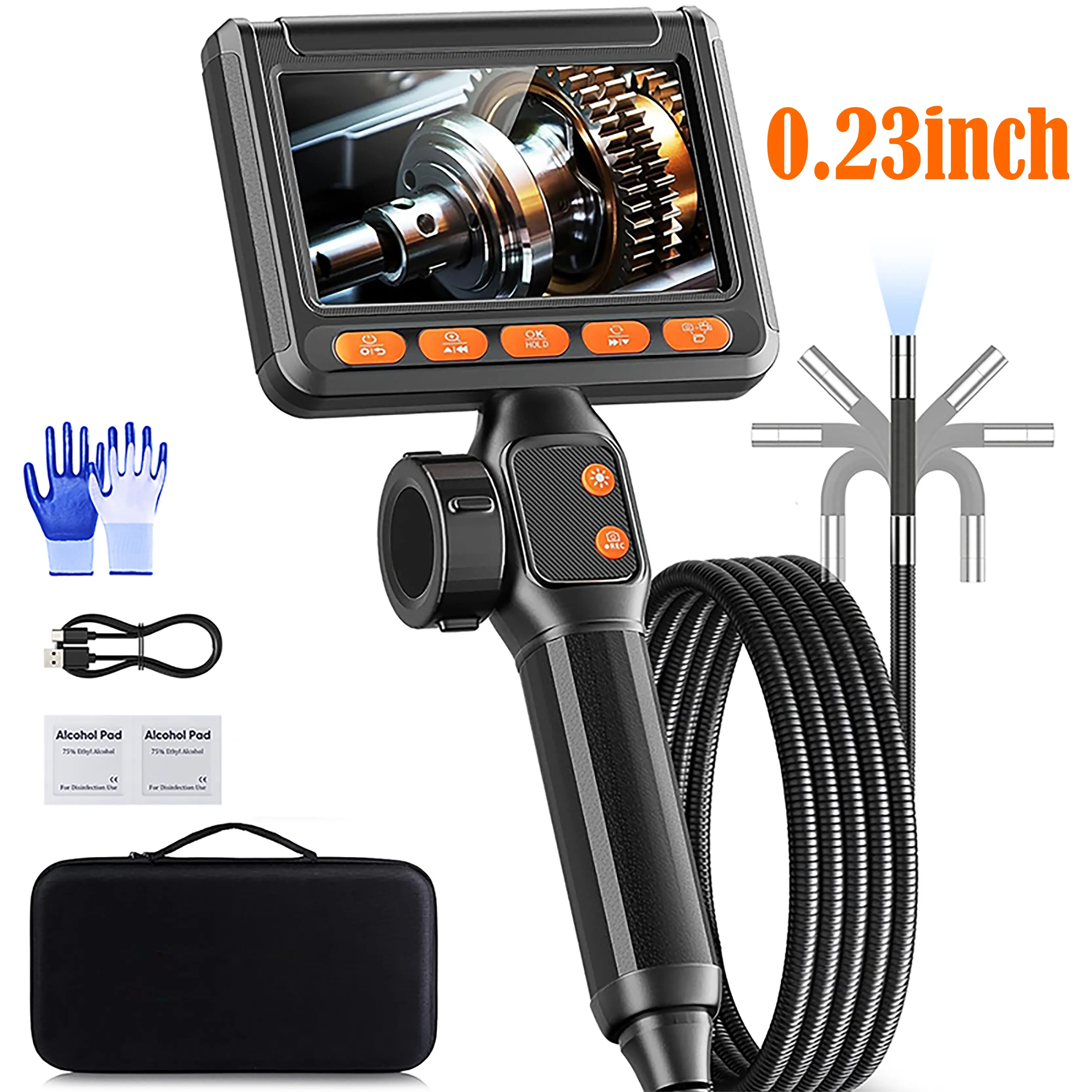 SHEKAR 0.23“ Flexible Industrial Endoscope Camera Borescope Rotatable Two-Way, 3 Adjustable Lights, 1080P, Articulated Snake Camera, 5.5FT Semi-Rigid Cable, 4.3“ LCD Screen, Video Inspection for Automotive Mechanics