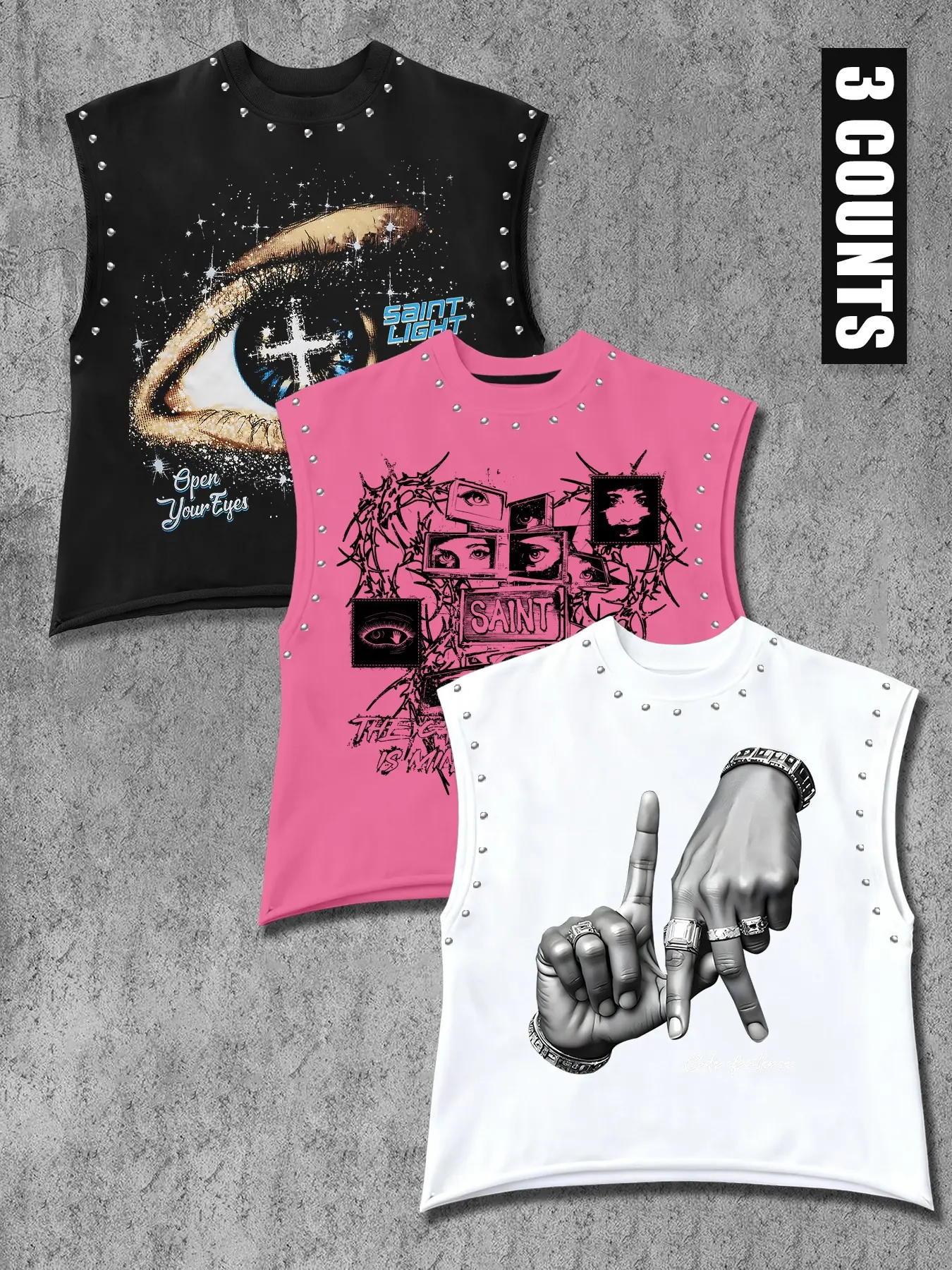 American High Street Casual Rivet Design Vest Set, Graphic Print Unisex Sleeveless T-Shirt, Trendy Streetwear for All Seasons