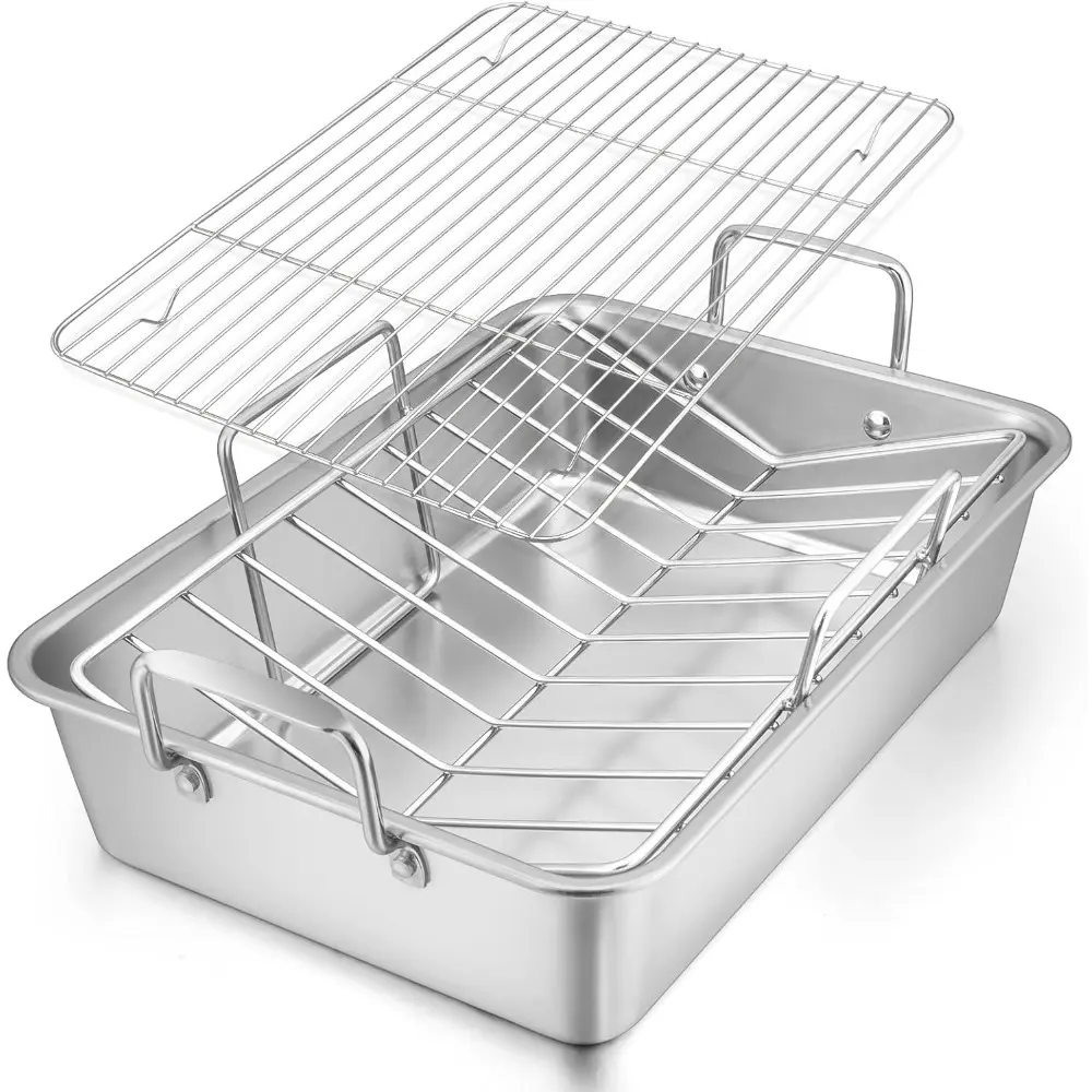16x11.5 In Thick Brushed Finish Stainless Steel Turkey Roaster Pan, Heavy-Duty Deep Oven-Safe Bakeware with V-Shaped & Flat Metal Racks, Handles, Non-Toxic, Dishwasher-Safe Durable Option for Housewarming & Holiday Entertaining, 16X11.5 Inch