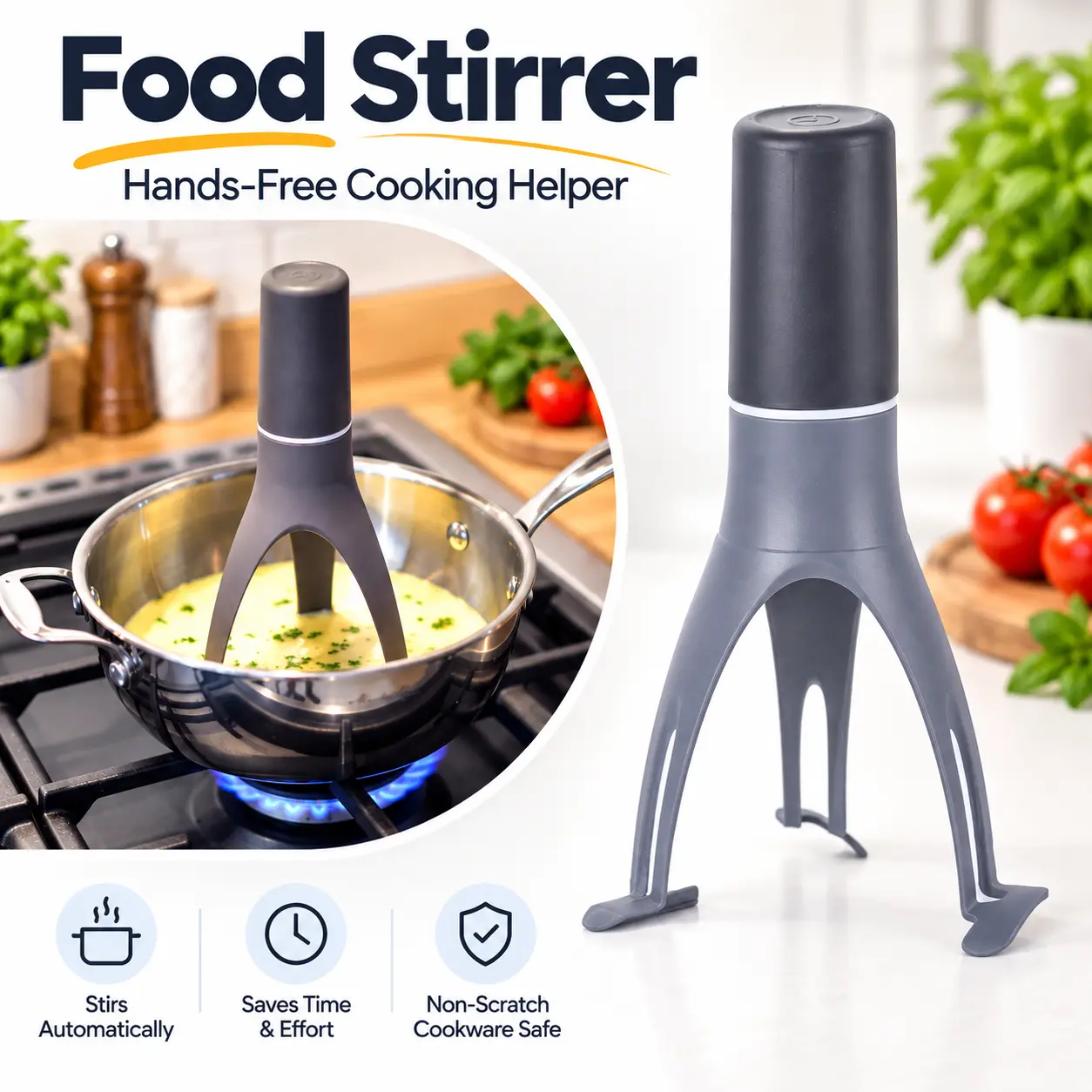 Automatic Pot Stirrer, Self-Rotating Food Mixer with 3 Speeds, Cordless Hands-Free Kitchen Stirrer for Soup, Sauce, Porridge, Gravy & Cooking lll