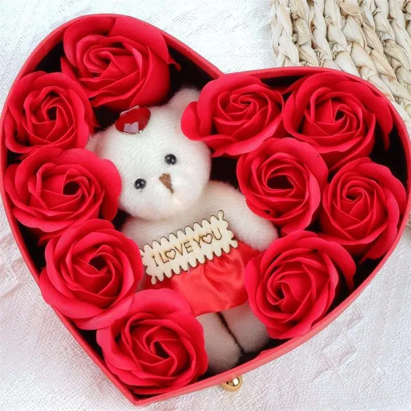 Heart-Shaped Romantic Rose Gift Box Set, Includes 10 Rose-Scented Soaps and 'I Love You' Bear Doll, Perfect for Mother's Day, Weddings and Anniversaries, Anniversary Present, Gift Idea