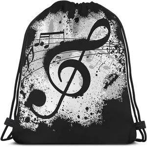 Music Notes Drawstring Bags Backpack Bag  Design Grunge Art Black Ground Silhouette Ink Splatter  Gym Sack Drawstring Bag String Bag Yoga Bag for Men Women