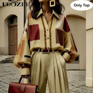 UOOZEE Women's Silky Drape Fabric Vintage Contrast Plaid Lapel Blouse - Puffy-Sleeve Long Sleeve Loose Buttoned Basic Top, Chunky Detail, Spring-Autumn New England Style for Office & Brunch (Matching Belt Bag Excluded; Tank Top Variant Available)