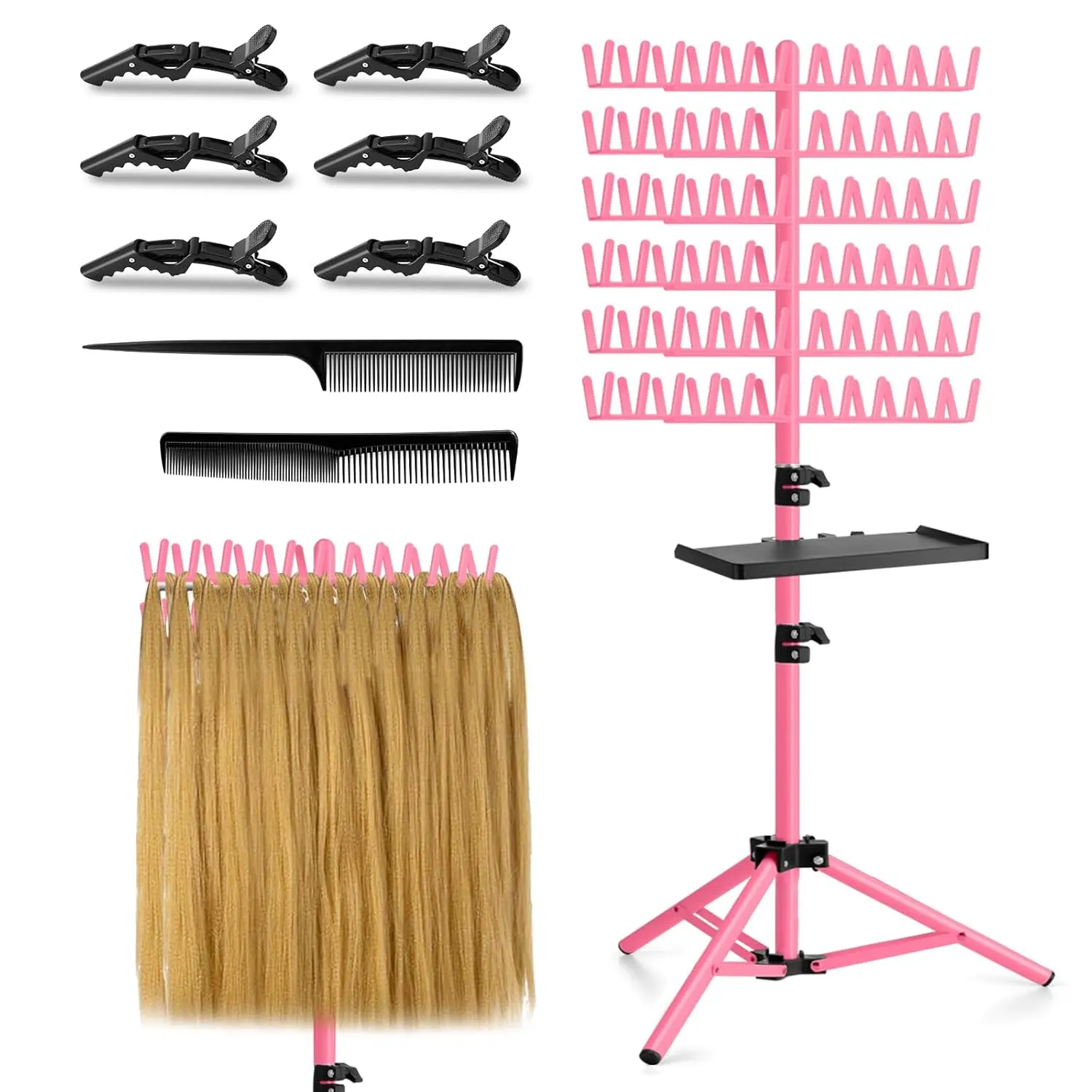 OLMRJKD Braiding Hair Rack with Tray, 144 Pegs Height Adjustable Braiding Rack, 2-side Hair Extension Holder Hanger, Hair Stand with Stylist Hair Braiding Tools for Hair Salon Home Traveling (Pink)
