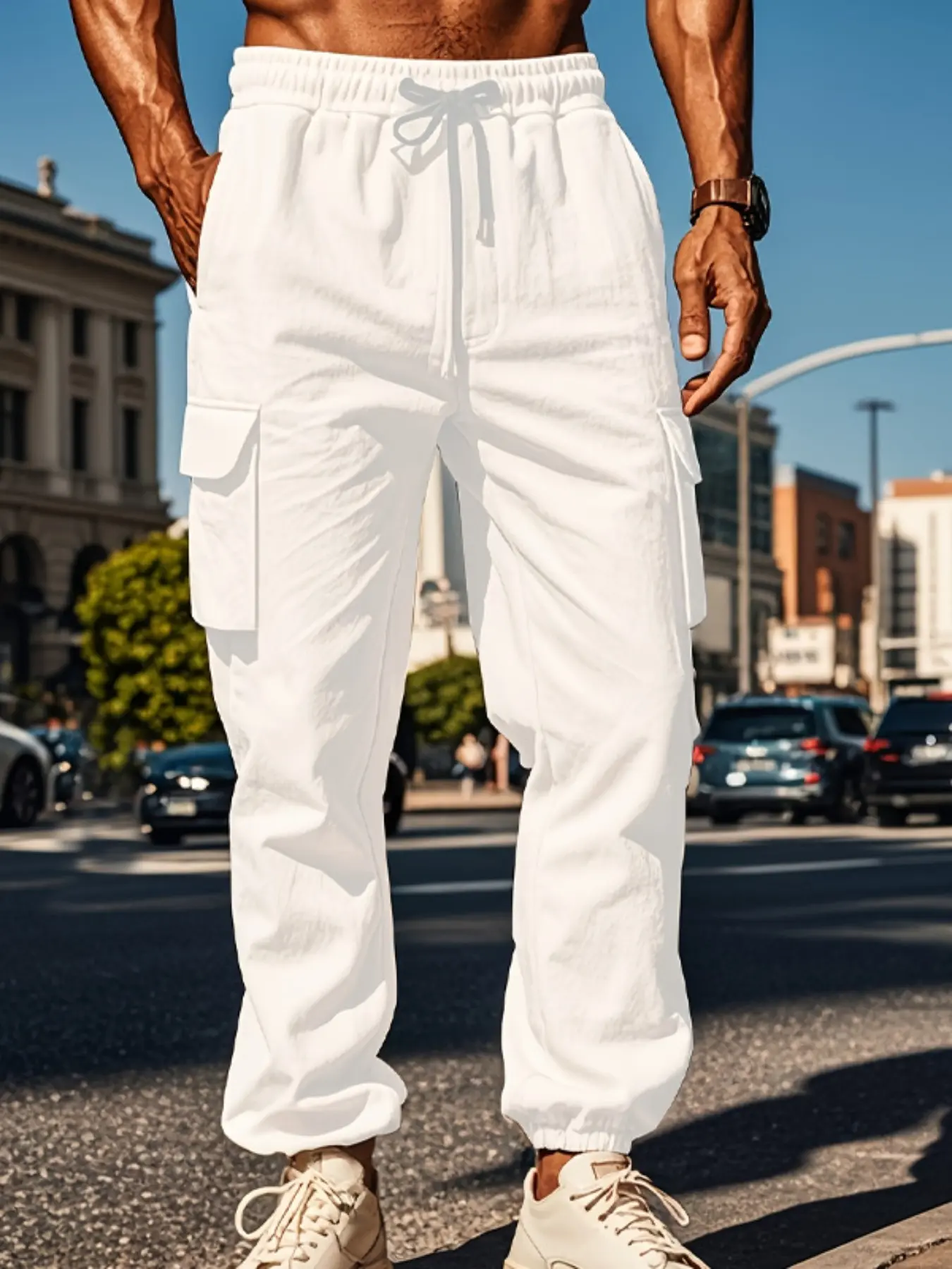Men's Summer Thin Linen Breathable Casual Drawstring Waist Pants, Loose Fit Multi-Pocket Workwear, Plain Color Jogger Trousers for Men