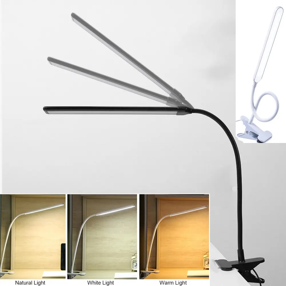 Clip-On LED Desk Lamp - 10W USB Powered Lamp with 1.5m Adjustable Neck, 3-Temp White/Warm LED Lights, 10-Level Dimming, Eye-Caring, for Home Office Nightstand Use, Ideal for Anniversaries