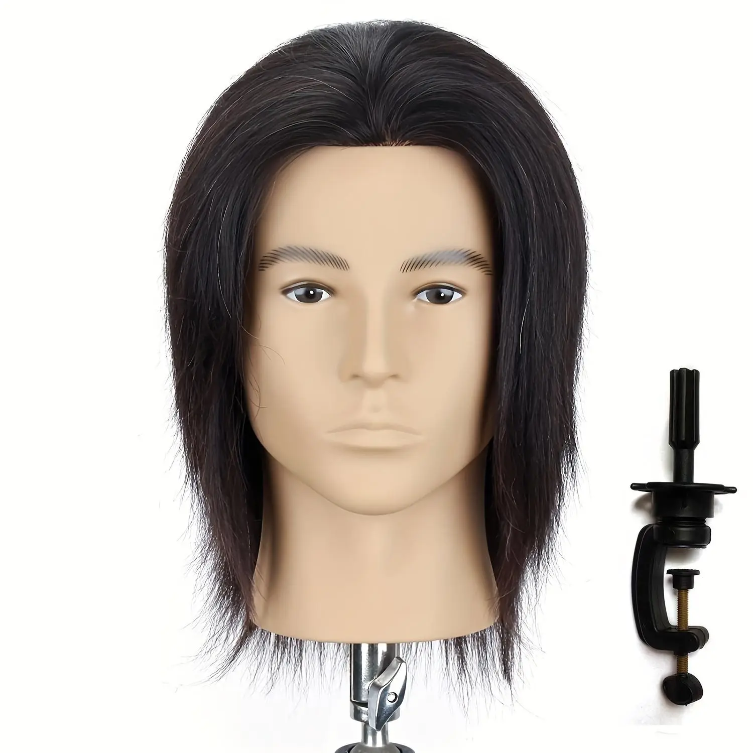 100% Human Hair Male Mannequin Head 8 Inch Hairdresser Practice Beauty Styling Training Mannequin Doll Head, Free Desktop Small Stand (Black) Barber Shops Hand Implanted Hair Stylists Hair Salons Beauty School Students