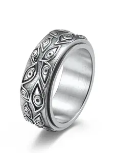 Men's Vintage Titanium Steel Fidget Spinner Ring, Devil Eye Design, Anxiety & Stress Relief Accessory, Durable Metal Jewelry for Daily Wear