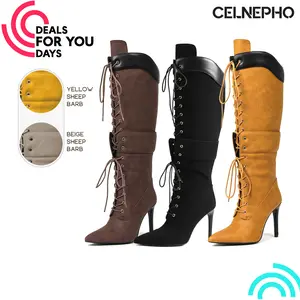 CELNEPHO Knee High Boots for Women Pointed Toe Stiletto High Heels Lace up Design Easy Pull on Cosplay Gift Party Wear Outdoor Event Dress Shoes Deals For You Days