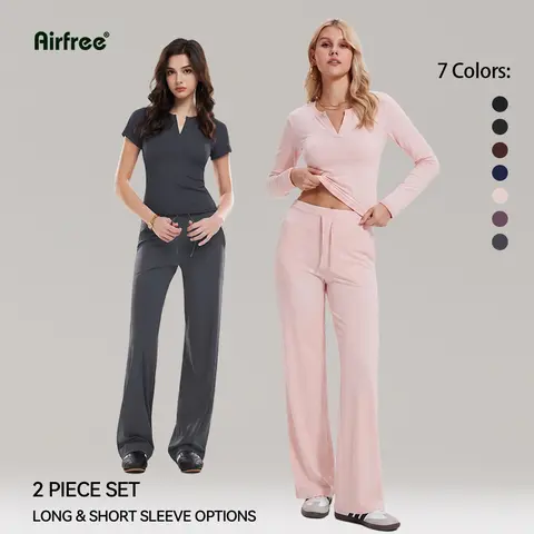 Airfree Women's 2-Piece Lady Loungewear Set - Flattering V-Neck Slim-Fit Tee, Drawstring Straight-Leg Pant, Minimalist Basic Outfit for Back to School, Tall Girl Friendly Sets, Regular Length Option