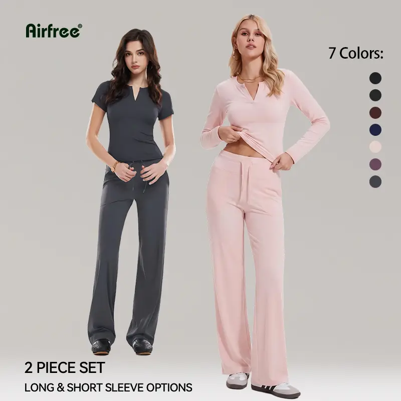 Airfree Women's 2-Piece Lady Loungewear Set - Flattering V-Neck Slim-Fit Tee, Drawstring Straight-Leg Pant, Minimalist Basic Outfit for Back to School, Tall Girl Friendly Sets, Regular Length Option