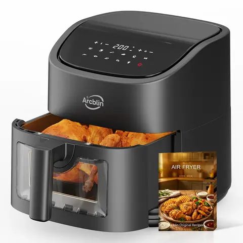 ARCBLIN 6.34 Qt Family Size Compact Air Fryer Oven - 1500W, 110V, 304 SS Heating Element, Touchscreen UI, 12 Presets, Visible Window, 6-in-1 Multi-Cooker, Automatic Multi-Functional, Easy to Use, Grease Reduction, Black for Healthy Cooking, Automatic Mult
