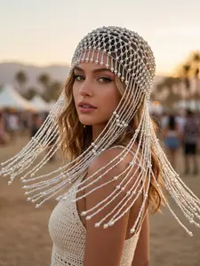 Long Fringe Juliet Hat, Multi-Color Choice, Party Festival Bride Hair Net, Stunning Artificial Pearl Headpiece, Elegant Accessory, Bridal Hairpiece