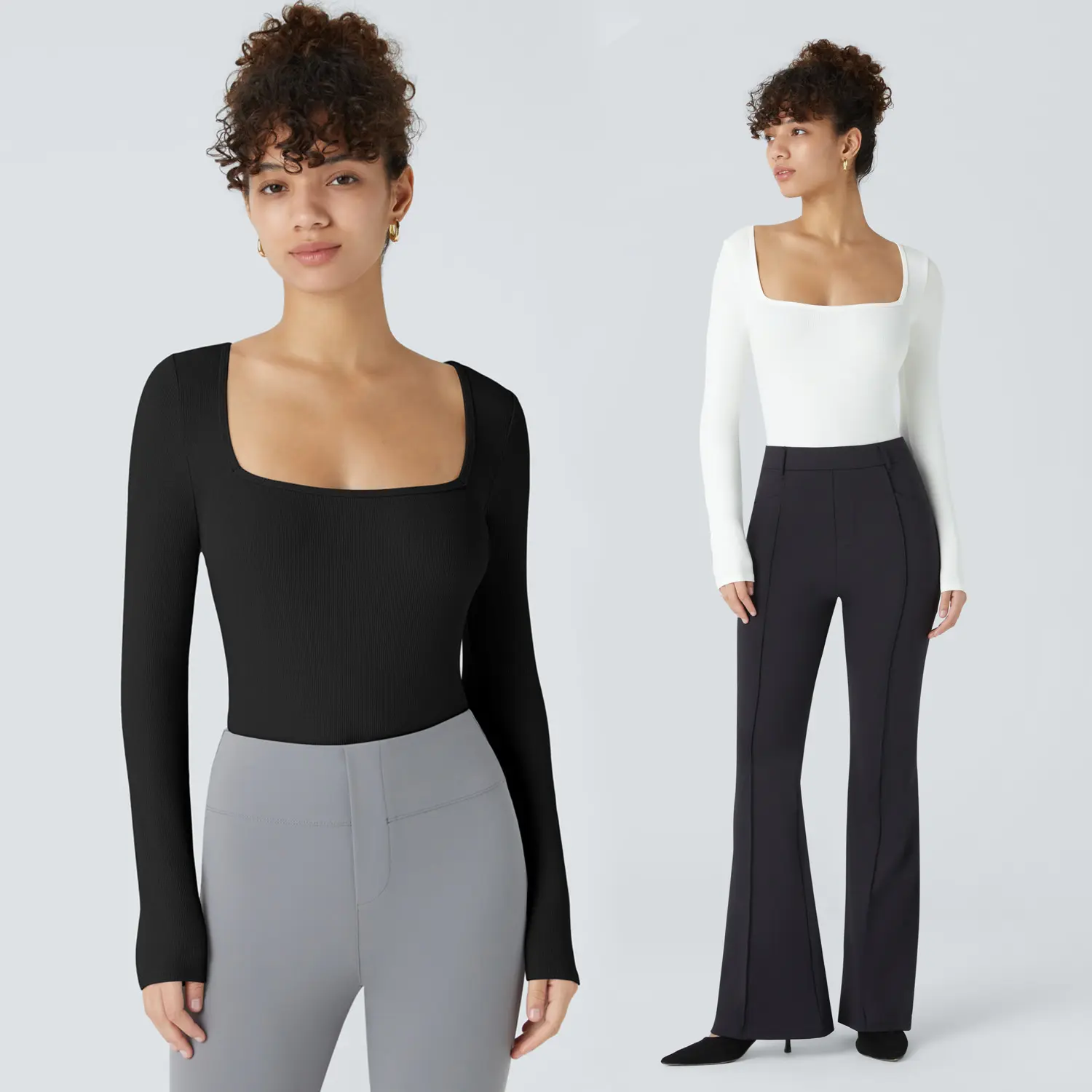 Halara 2-Piece Ribbed Knit Square Neck Long Sleeve Button Skinny Work Bodysuit Set