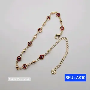 Ankle Bracelet Red Evil eyes adjustable 8 to 11 inches (27 centimeters) long, 3 millimeters wide. Laminated Gold SKU AK10 Anklet Jewelry Accessories