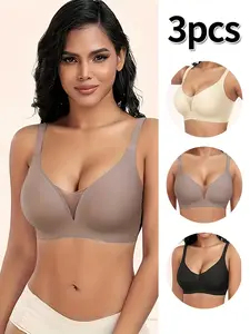 3-Pack Wireless Bras for Women, Seamless Full Coverage Lingerie, Unlined Bra, Comfortable Sports Bra, Anti-Sagging, Invisible Mesh Lace Underwear, Breathable Workout Bra