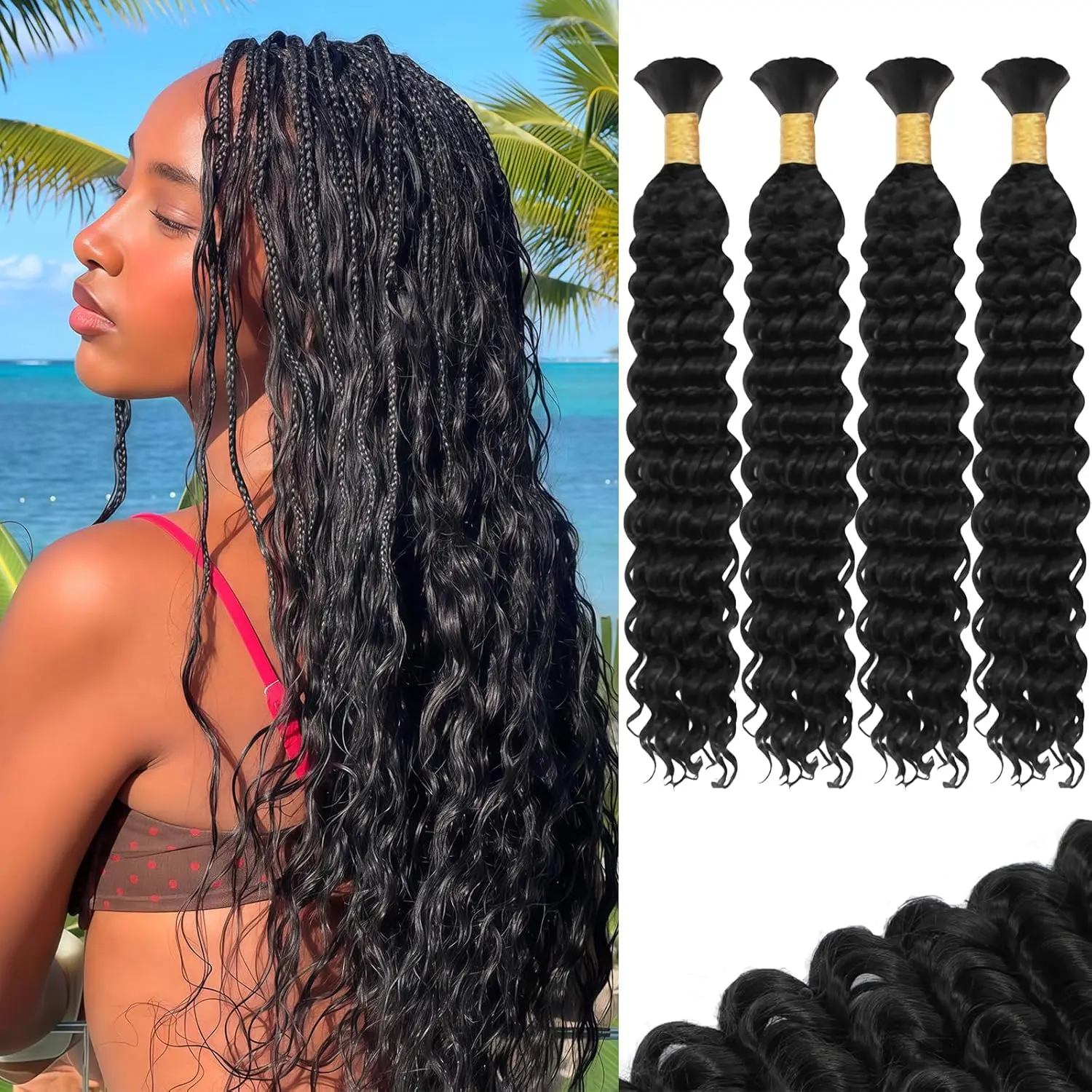 Boho Braiding Hair, 16 Inch Deep Wave Human Hair Mix Extensions for Black Women, Wet and Wavy Curly Style, 4 Bundles, 110g per Bundle, Travel, Hair Braids