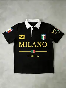 Men's 'MILANO ITALIA' Rugby Polo Top | Oversized Fit, Contrast White Collar | Trendy Streetwear Essential | Perfect for Urban Style & Italian-Inspired Fashion Enthusiasts | Breathable Knit, Vintage Sports Jersey Aesthetic