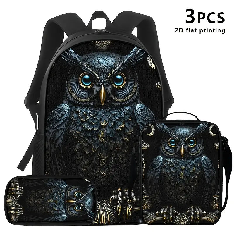 Kids' 3-Piece Backpack Set with Mystical Owl Graphic, Water Resistant 600D Oxford School Bag, Insulated Lunch Box & Pencil Case, Padded Straps, Fits 15" Laptop for Back to School, Back To School Haul, First Day Of School