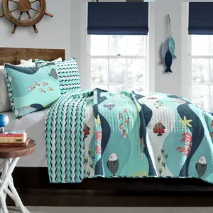 Lush Decor Sea Life Reversible Cotton Quilt 2 Or 3 Piece Set Blue - Twin/Full/Queen Size Bedding Set - Coastal Bedroom Decor - Beach House