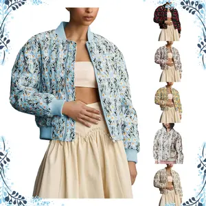 Yeokou Women's Casual Long-Sleeves Embroidered Daisy Cropped Quilted Padded Bomber Jacket, Zippered Outerwear Coats