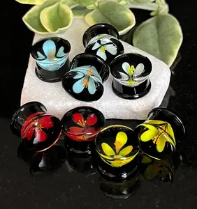 PAIR of Unique Floating Flower Black Pyrex Glass Double Flare Plugs- Gauges 0g (8mm) thru 3/4" (19mm)